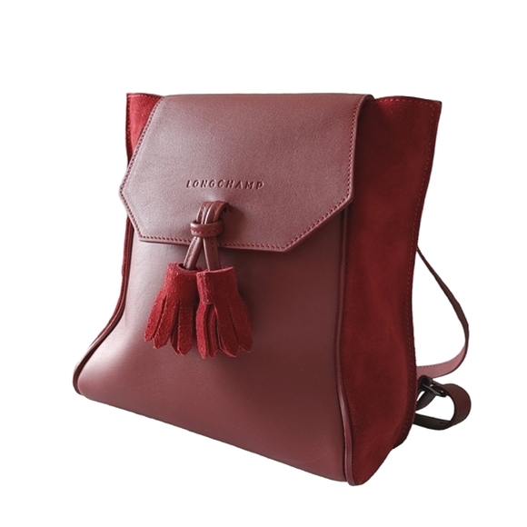 Longchamp Burgundy Suede & Leather Tassel Backpack - Picture 15 of 16